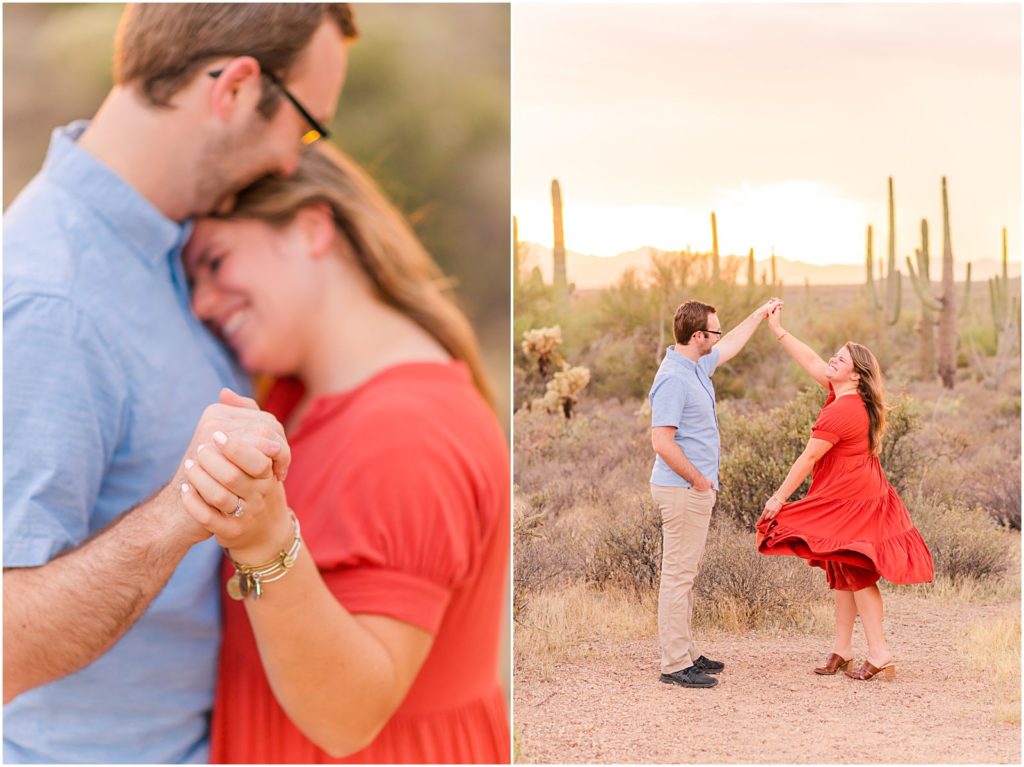 engaged couple dancing together during destination engagement session in Tucson