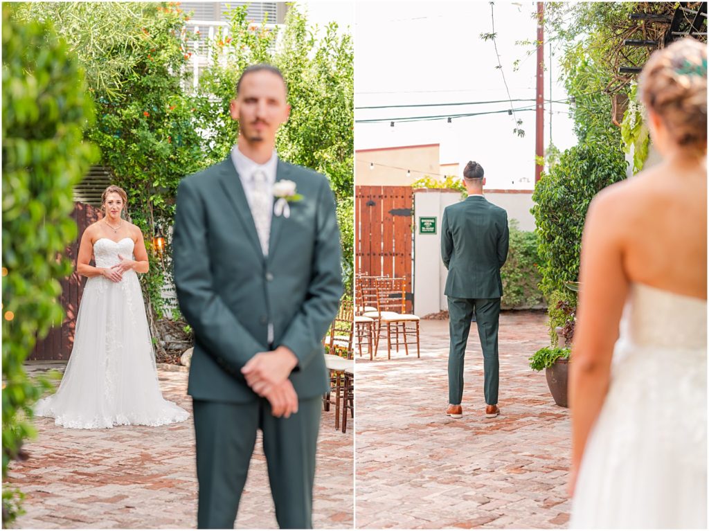 groom waiting to see bride behind him during First Look