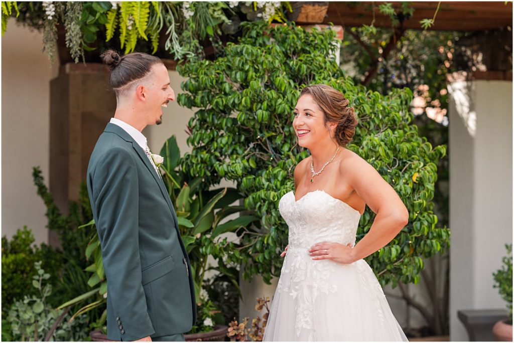 happy First Look in courtyard at the Stillwell House and Gardens