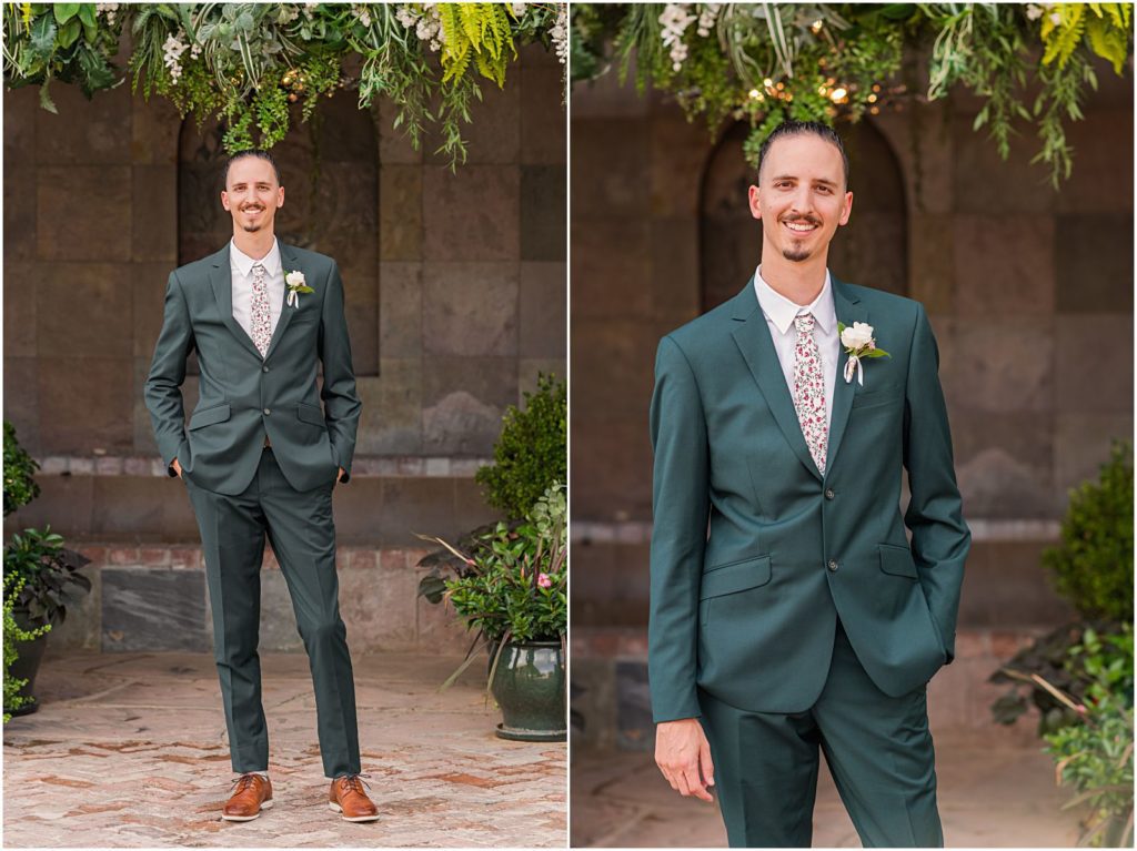groom wearing emerald green suit on wedding day