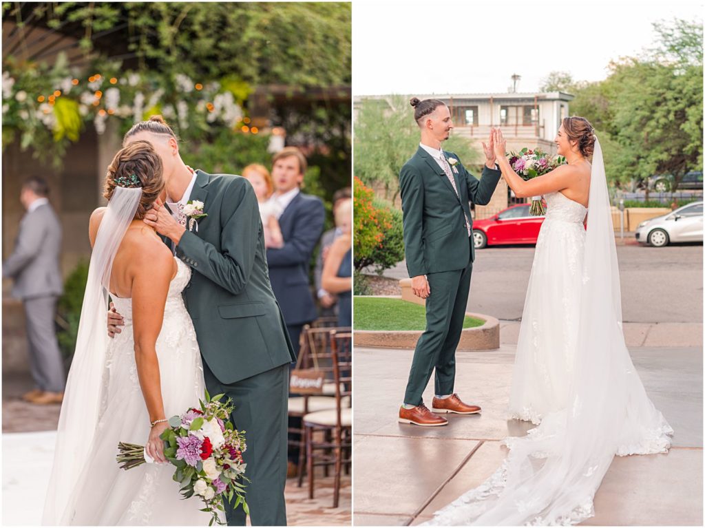 high five and kiss between bride and groom after wedding ceremony