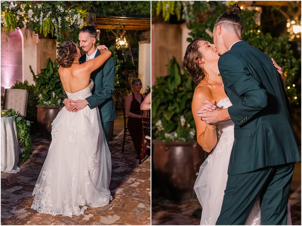 bride and groom's first dance at night in courtyard