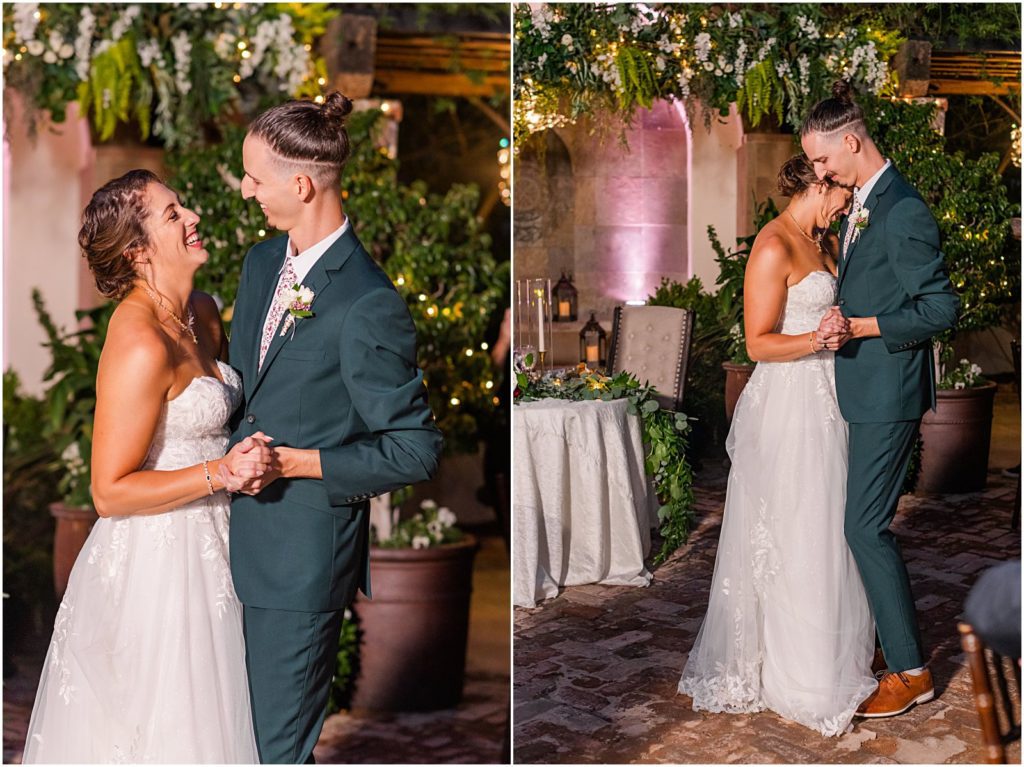 bride and groom's first dance at night in courtyard