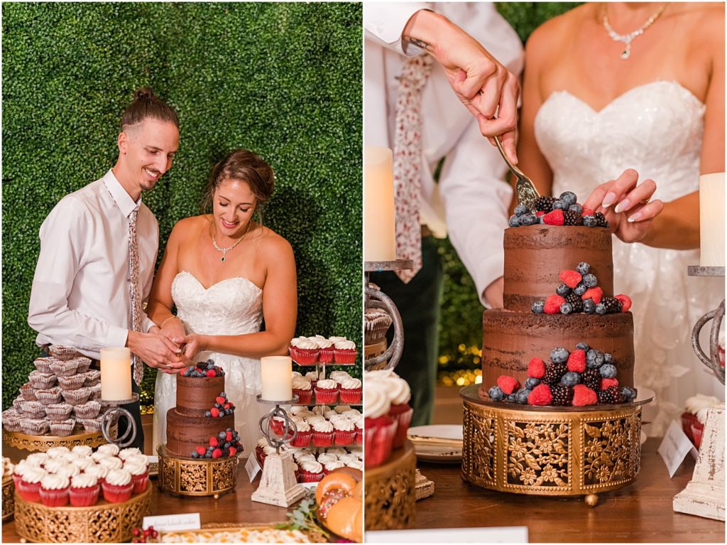 bride and groom cut cake at emerald and burgundy wedding