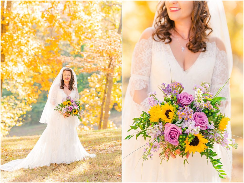 bride with bouquet of sunflowers and wildflowers