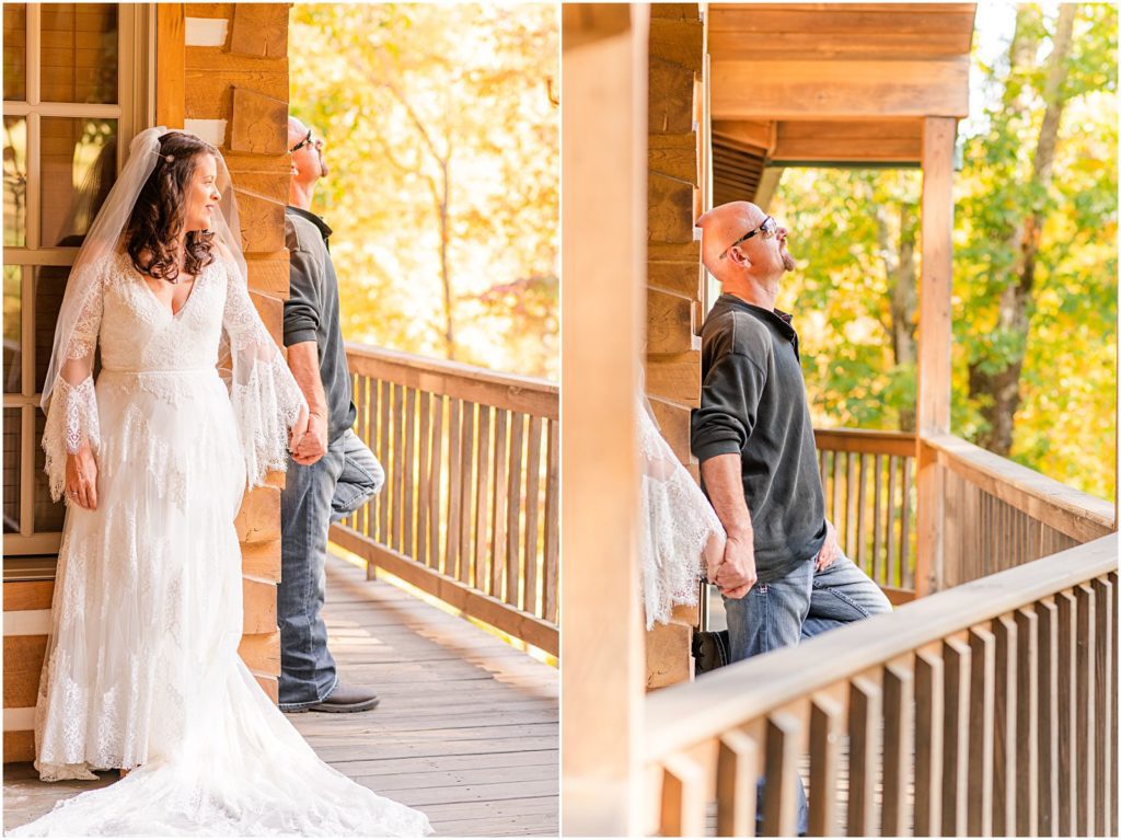 first touch on cabin porch at farm wedding