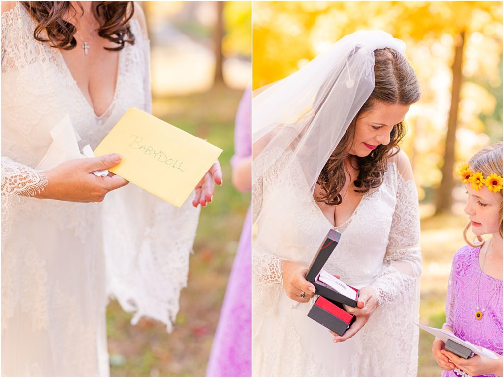 bride opening surprise gift from groom morning of wedding day