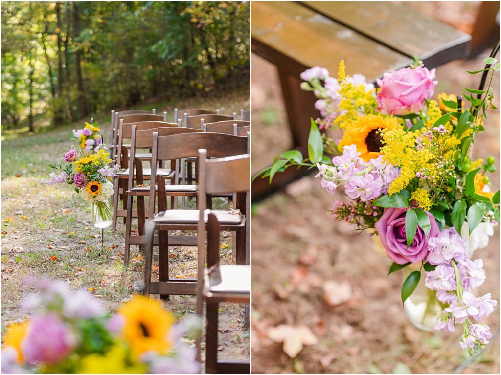 wooden chairs and benches for farm wedding in woods