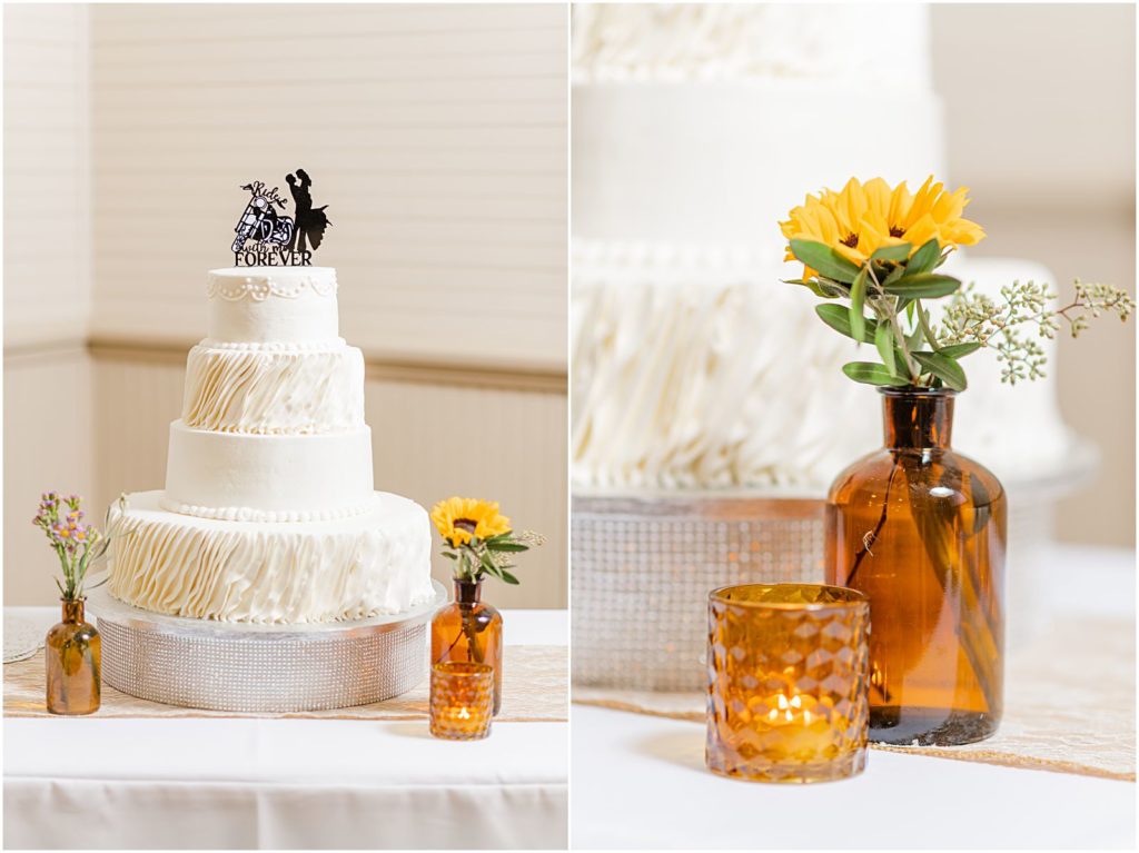 simple wedding cake with motorcycle cake topper