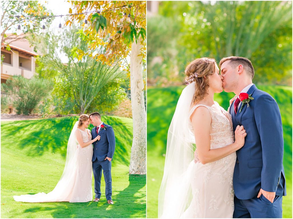 romantic and colorful portrait of bride and groom at Westin La Paloma resort