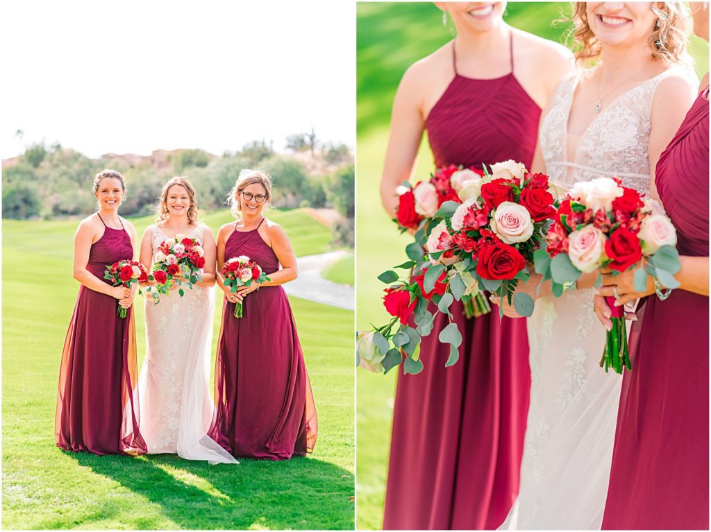 bridesmaids in burgundy halter dresses