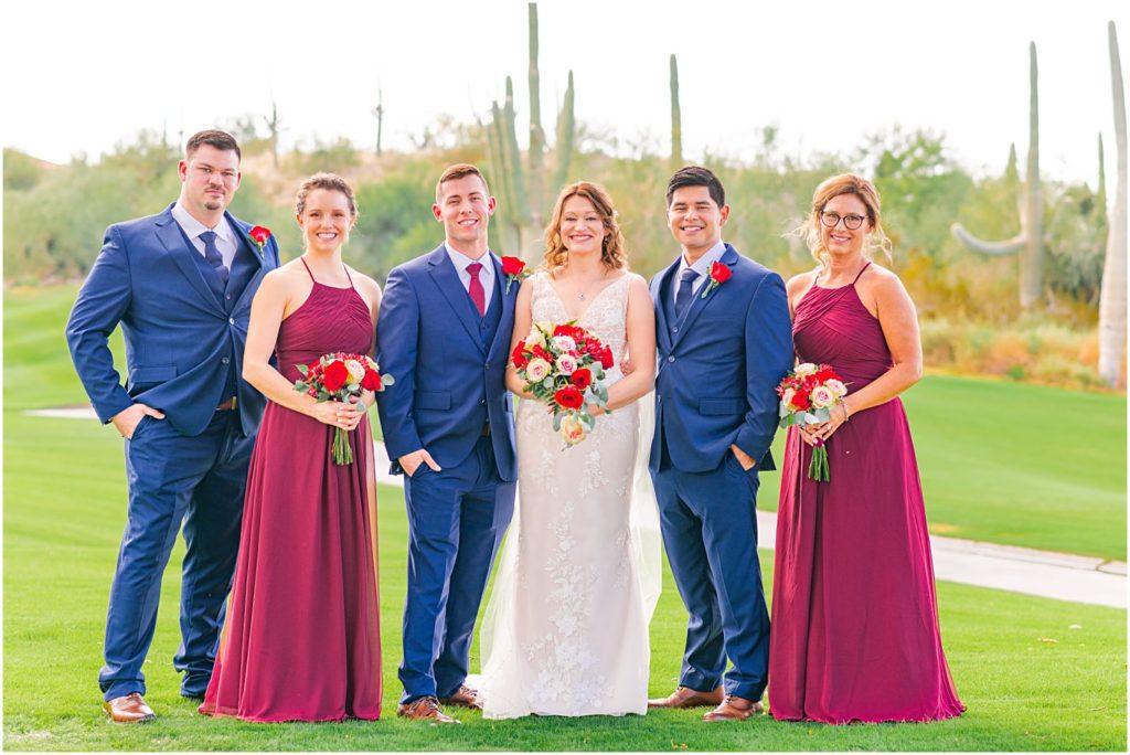 burgundy and blue bridal party attire