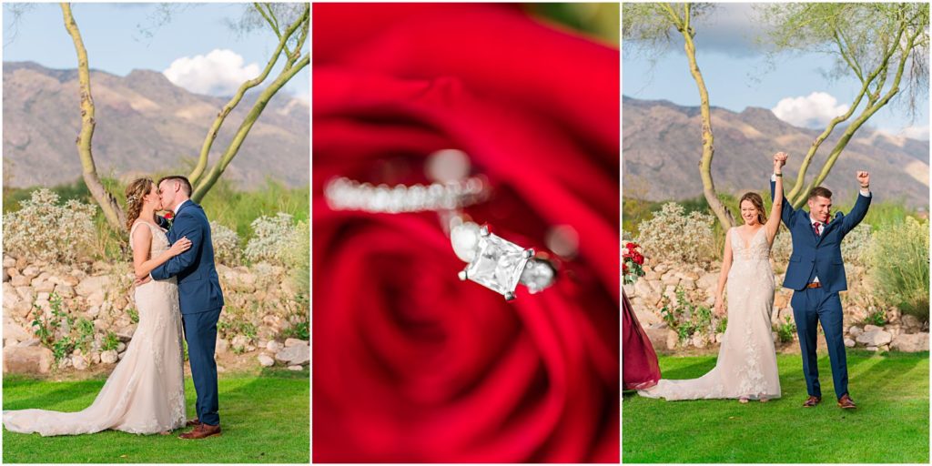 bride and groom kiss and celebrate at end of Westin La Paloma wedding ceremony