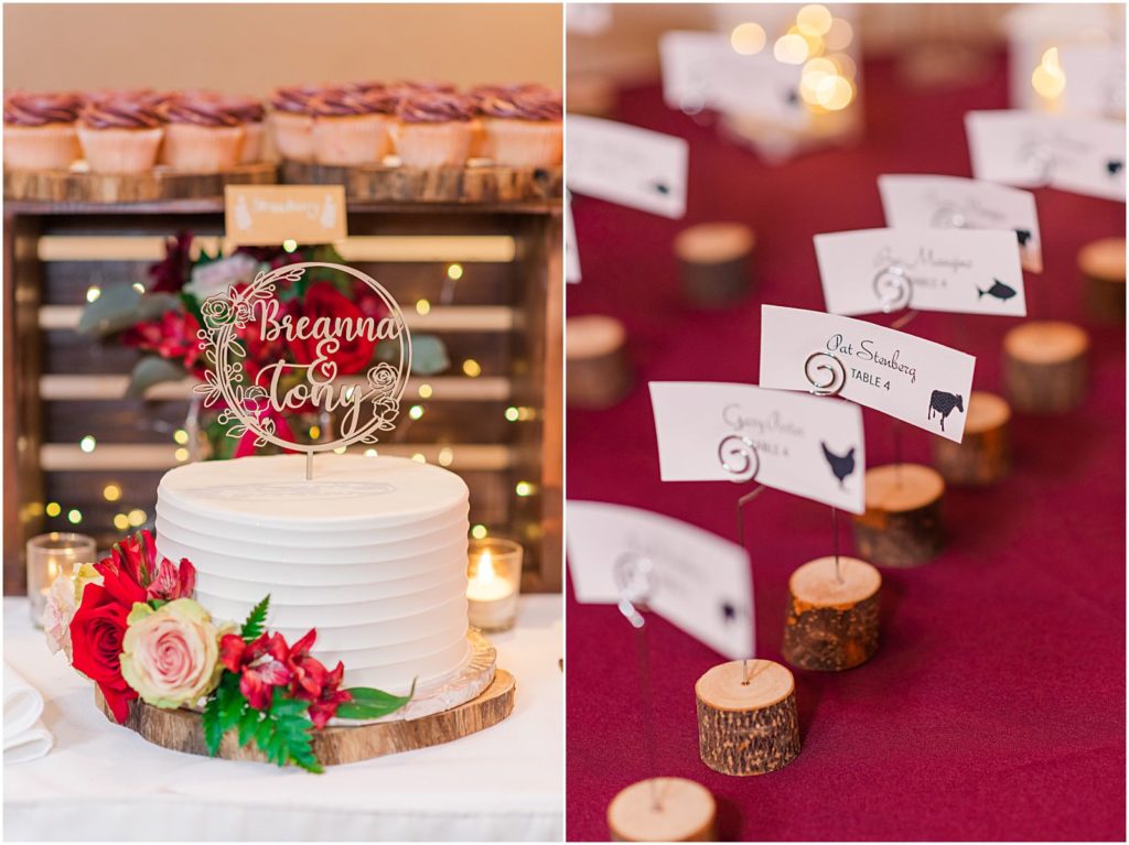 wedding cake and place cards at reception