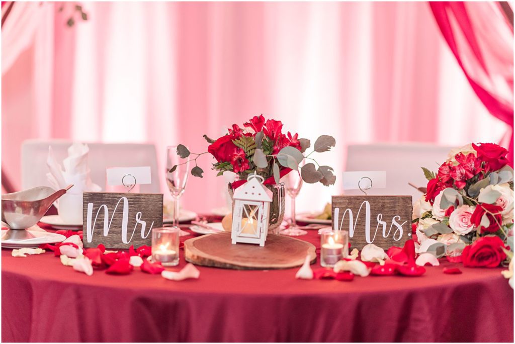 sweetheart table at reception in the Murphey room