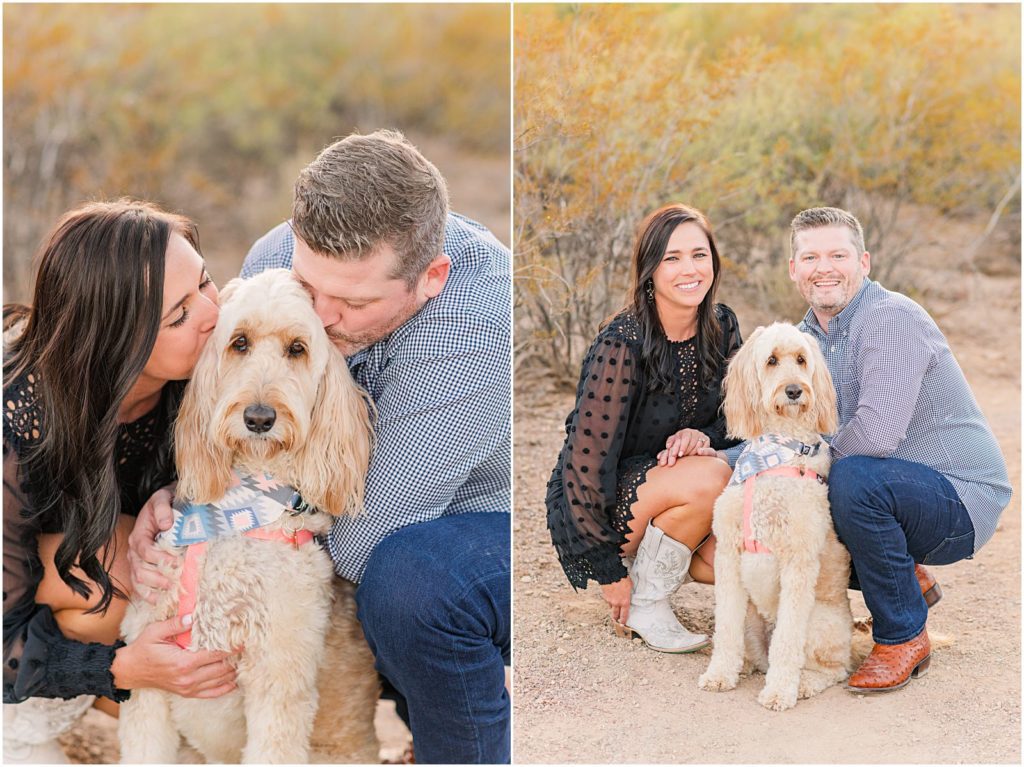 engaged couple with their pet dog at engagement session at Sweetwater Preserve