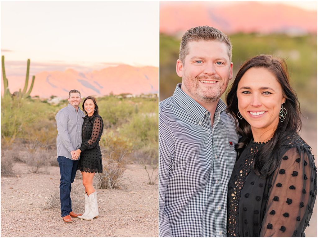 photo of engaged couple with pink sunset mountains behind them