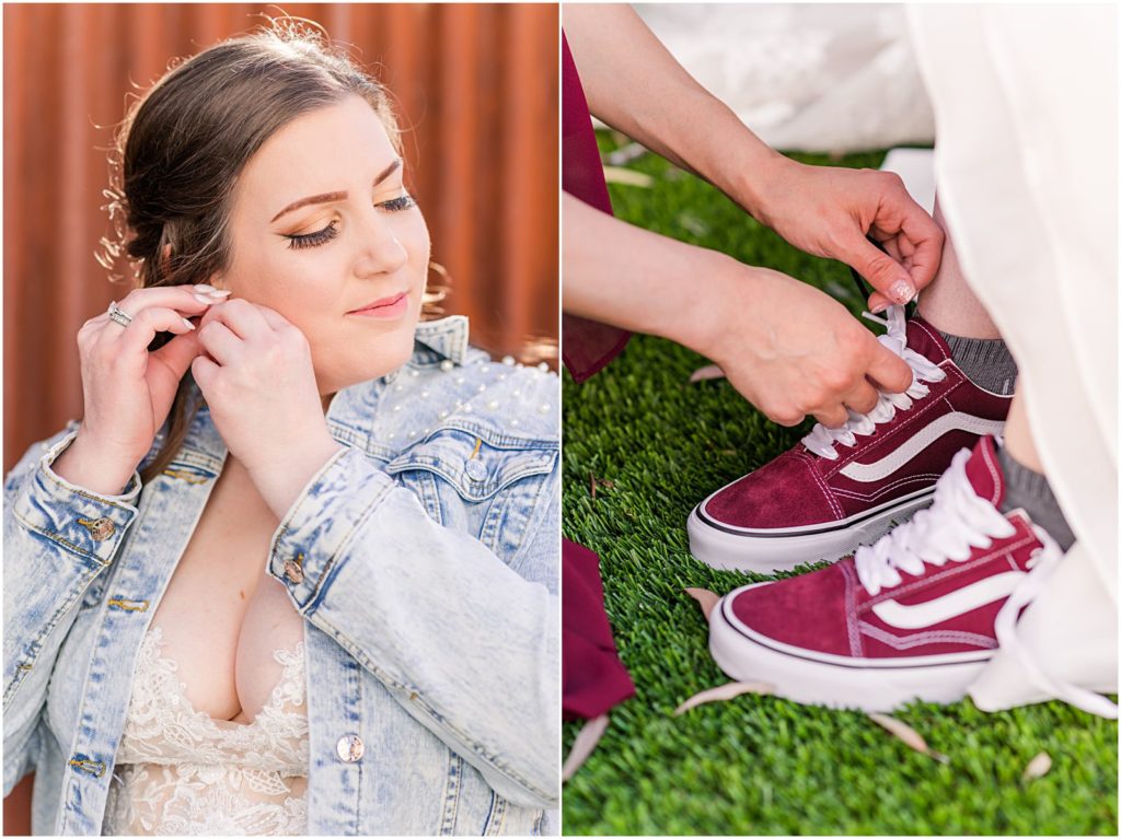 bride putting on earrings and burgundy Vans wedding shoes