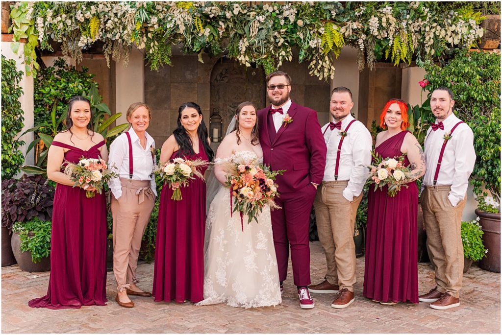 wedding party dressed in burgundy and khaki colors
