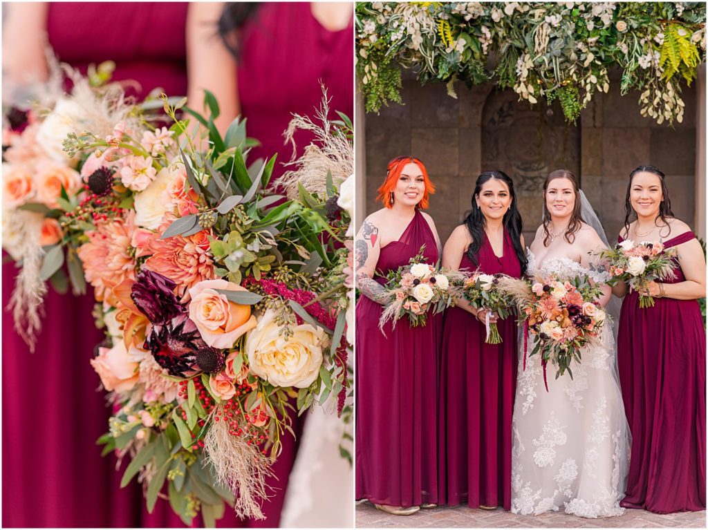 bridesmaids in burgundy convertible dresses with bohemian bouquets