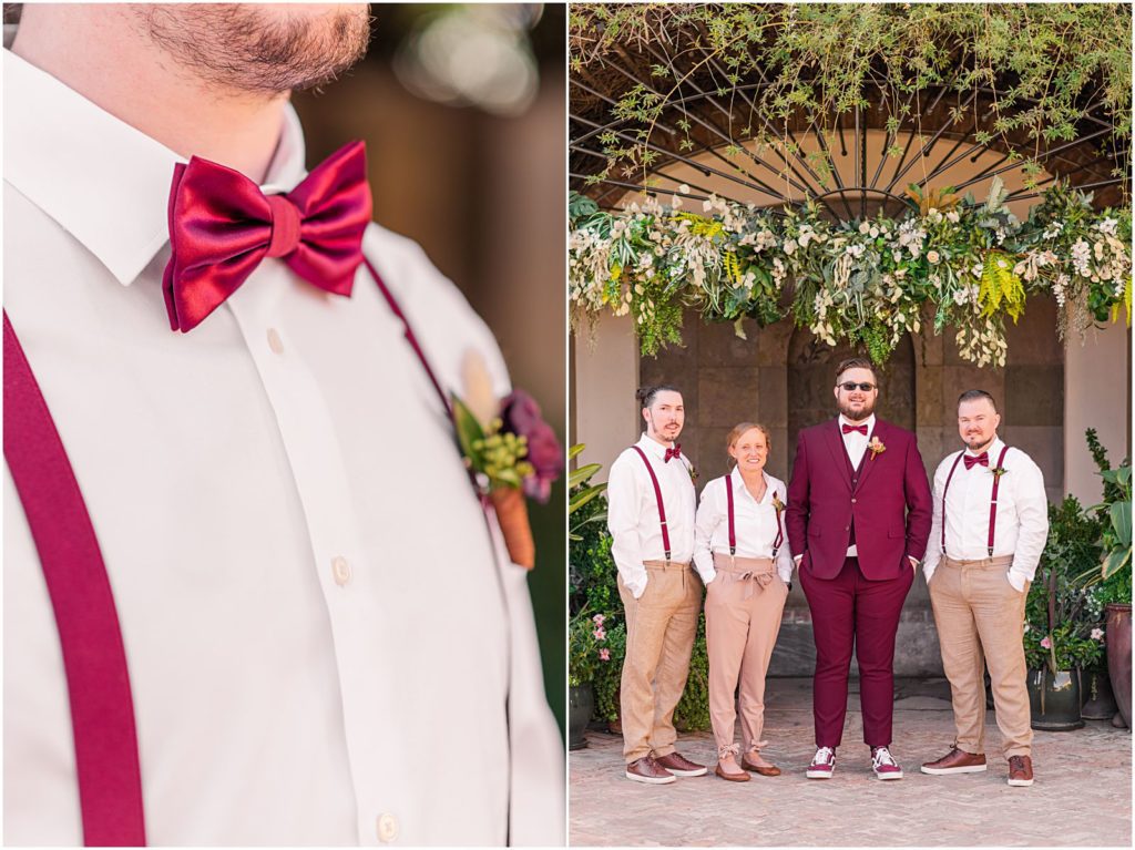 groomsmen and groomswoman in khaki pants with burgundy suspenders