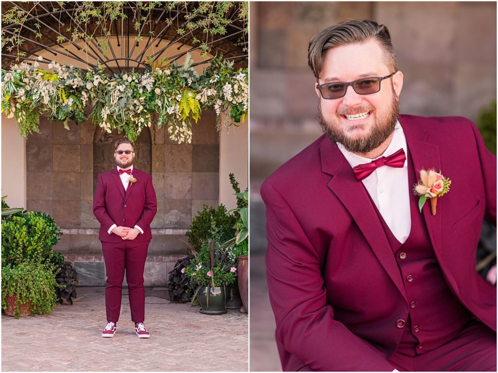 sitting casual portrait of groom in stone courtyard