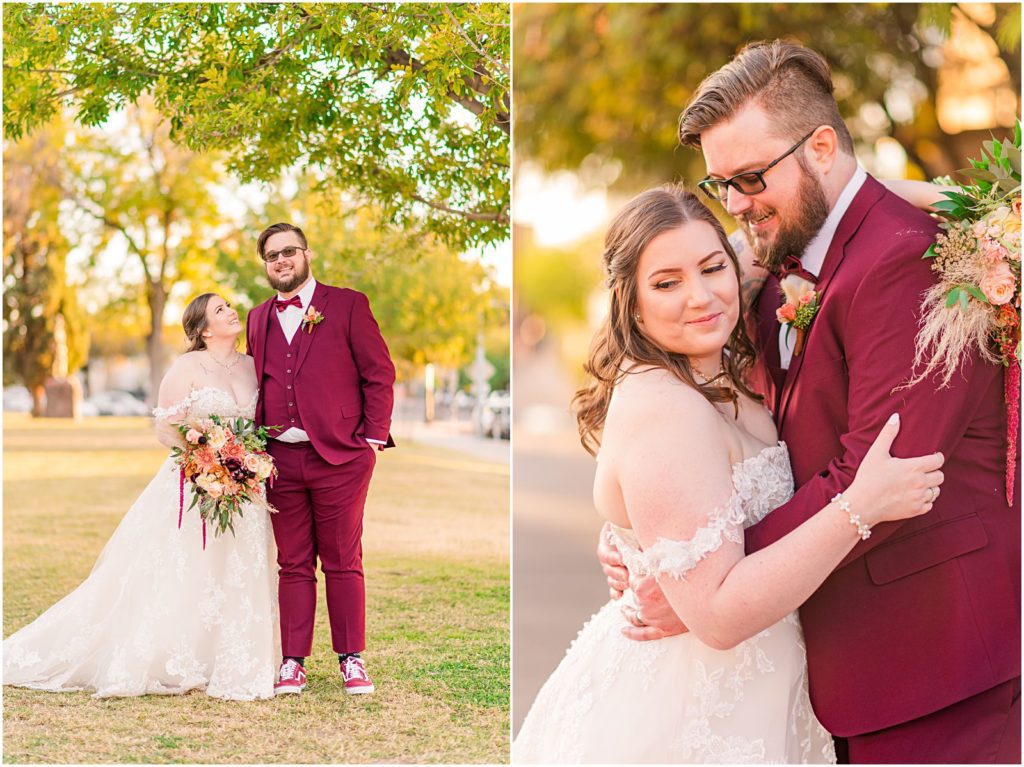 romantic portrait in park with fall leaves at downtown wedding near the Stillwell House