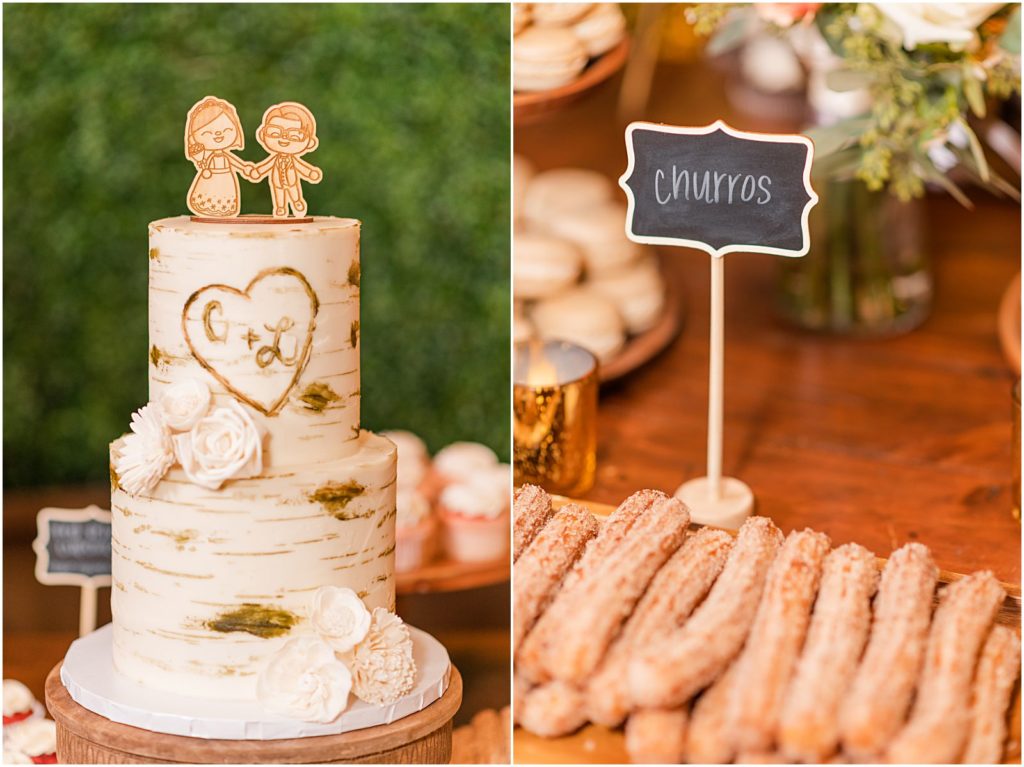 beautiful wedding cake and sugar coated churros on dessert table