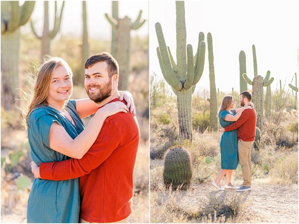 engaged photos during windy desert engagement session