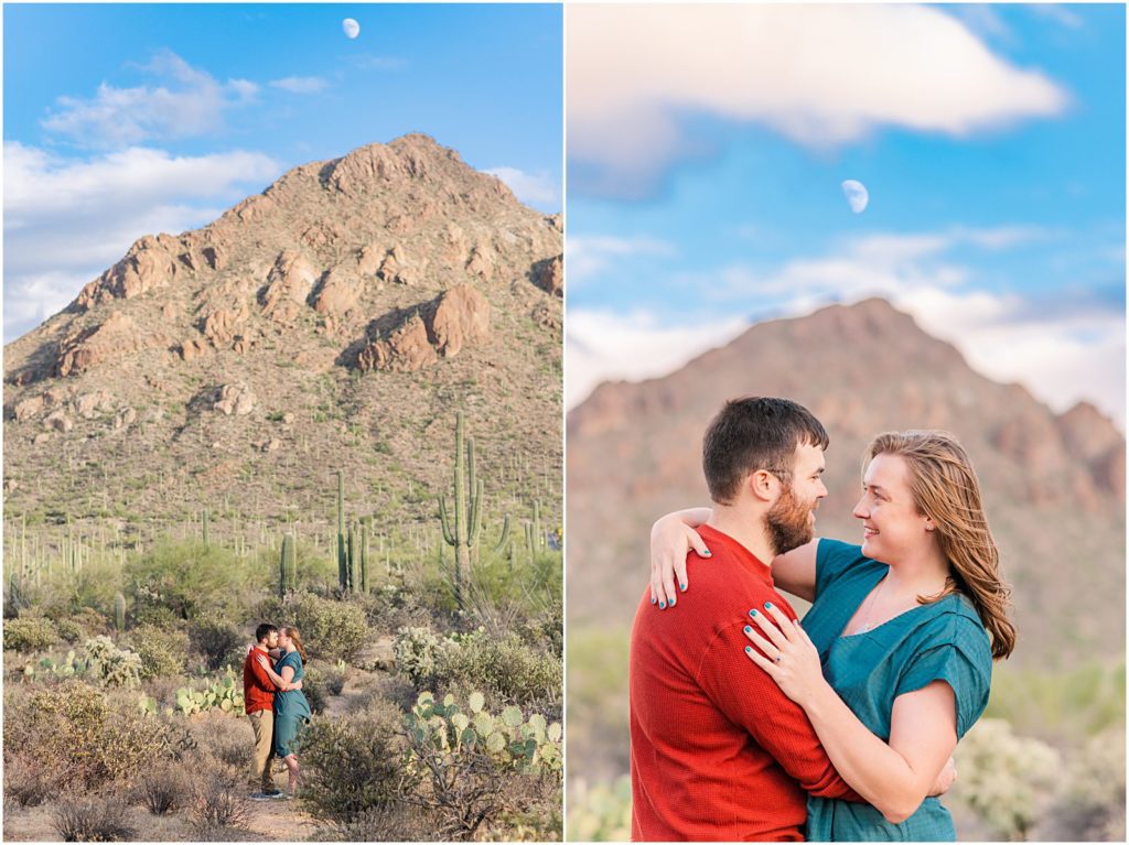 engaged couple in desert with moon above them during the day