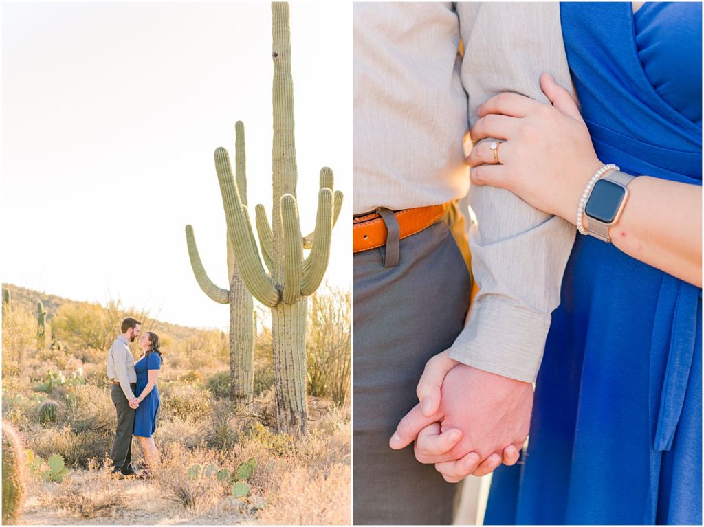 engaged couple holding hands at desert engagement session