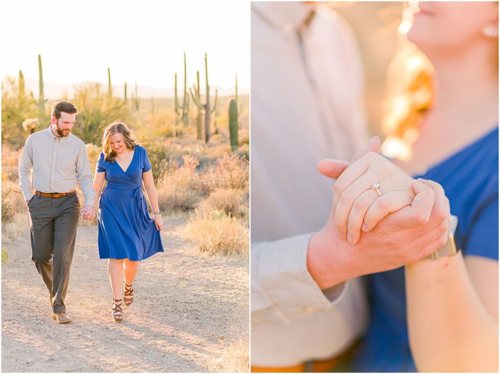 engaged couple holding hands and laughing at vibrant fall desert engagement session in Tucson