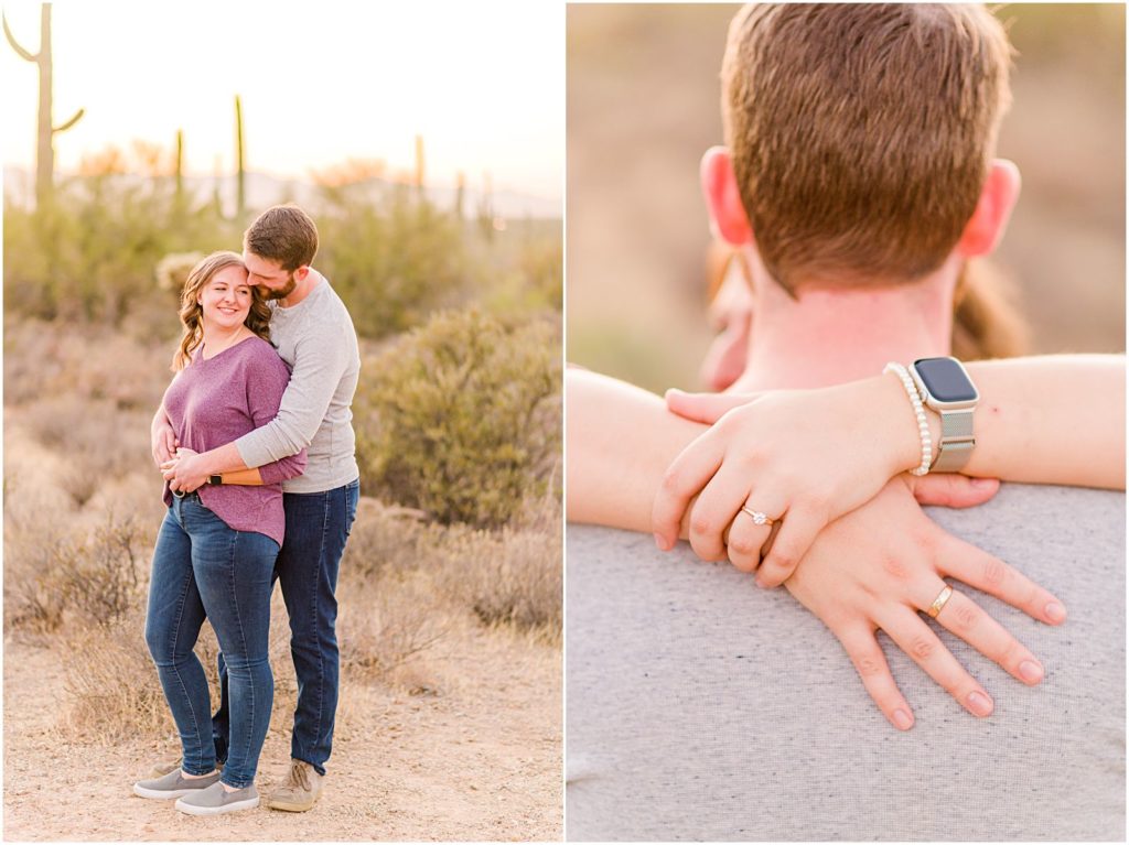 woman's hands around guy's neck showing off engagement ring