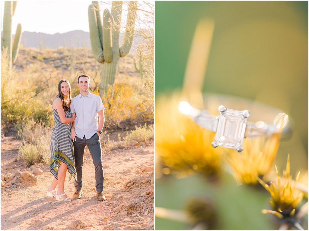 closeup of diamond engagement ring on cactus