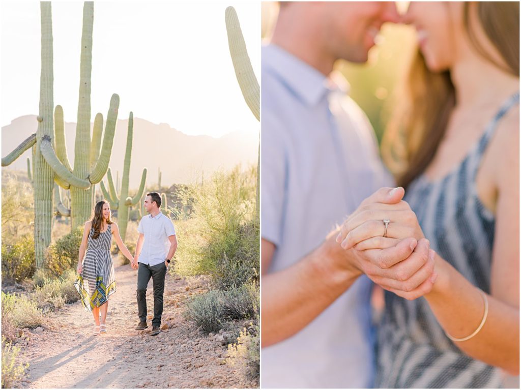 engaged couple holding hands and walking together in winter engagement photos in desert