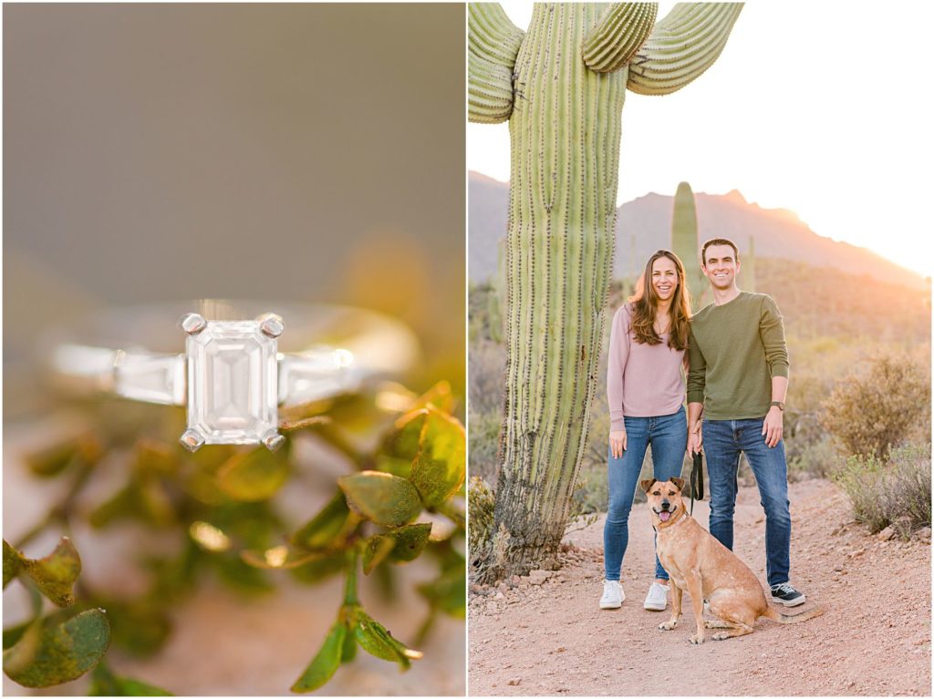 engaged couple and their dog all smiling at camera in winter engagement photo