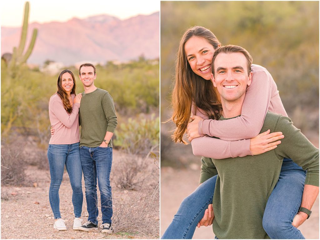 fun casual photo of engaged couple piggyback during winter engagement session