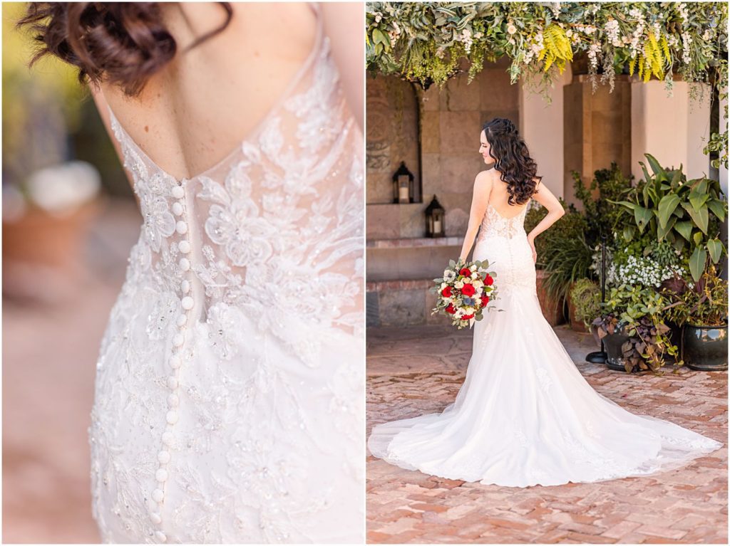 bride in fitted romantic wedding dress with lace detail