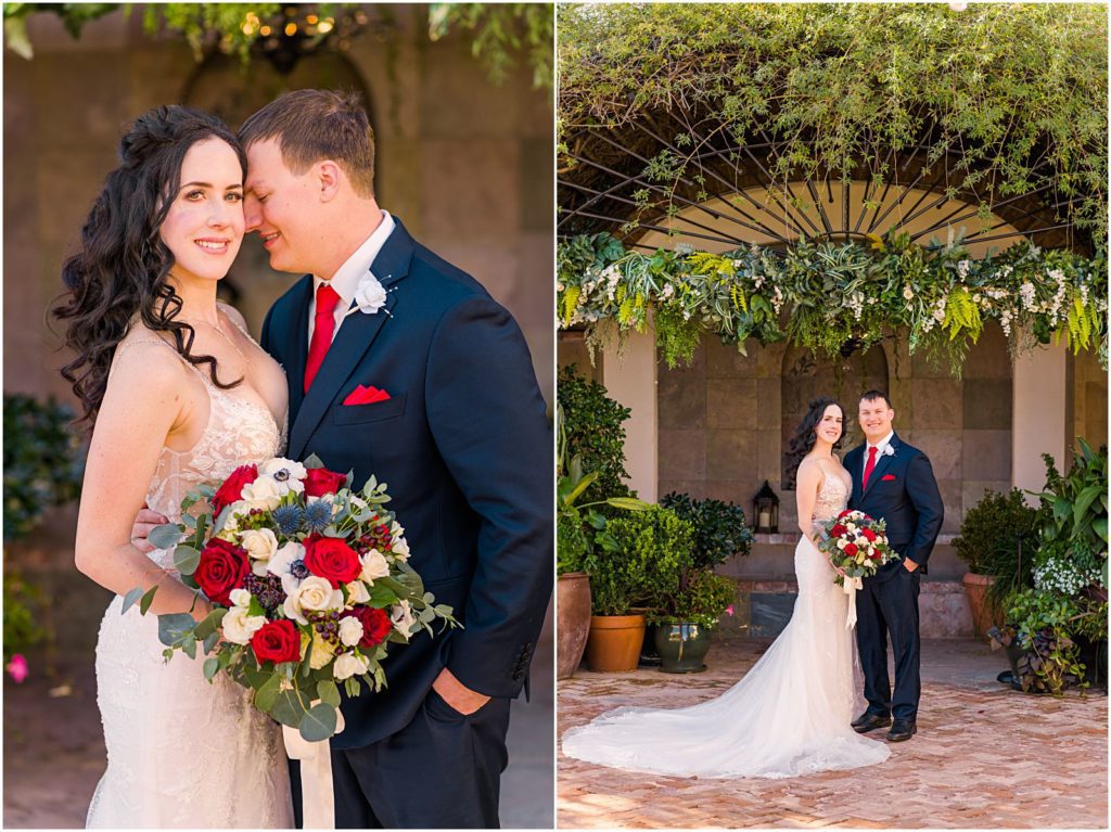 bride and groom under arbor at their winter vow renewal at the Stillwell House in Tucson