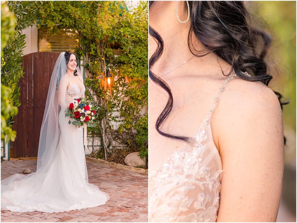 whimsical portrait of bride in historic garden courtyard at Tucson winter vow renewal
