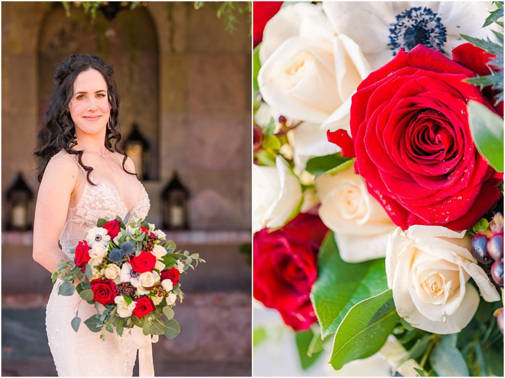 bride holding colorful red, white, and blue bouquet of flowers