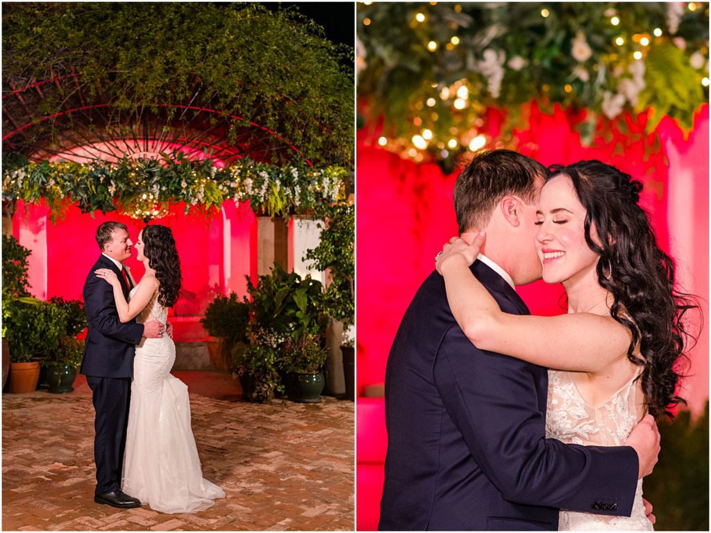 couple's first dance at winter vow renewal at night in courtyard