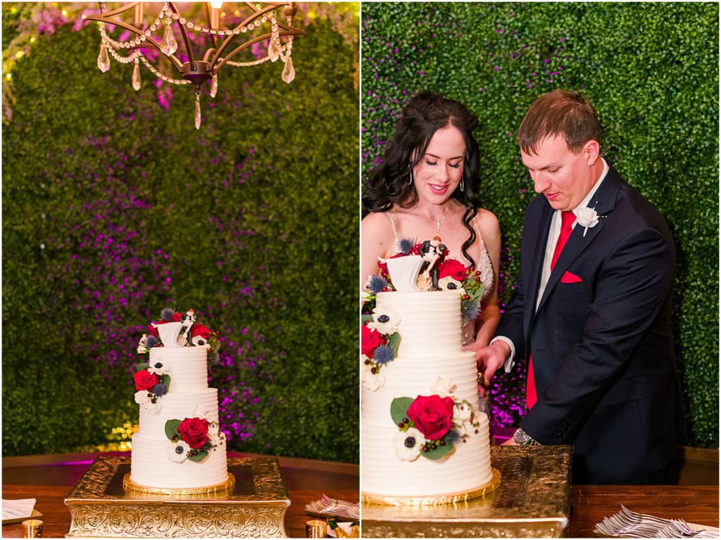 husband and wife cutting cake at reception