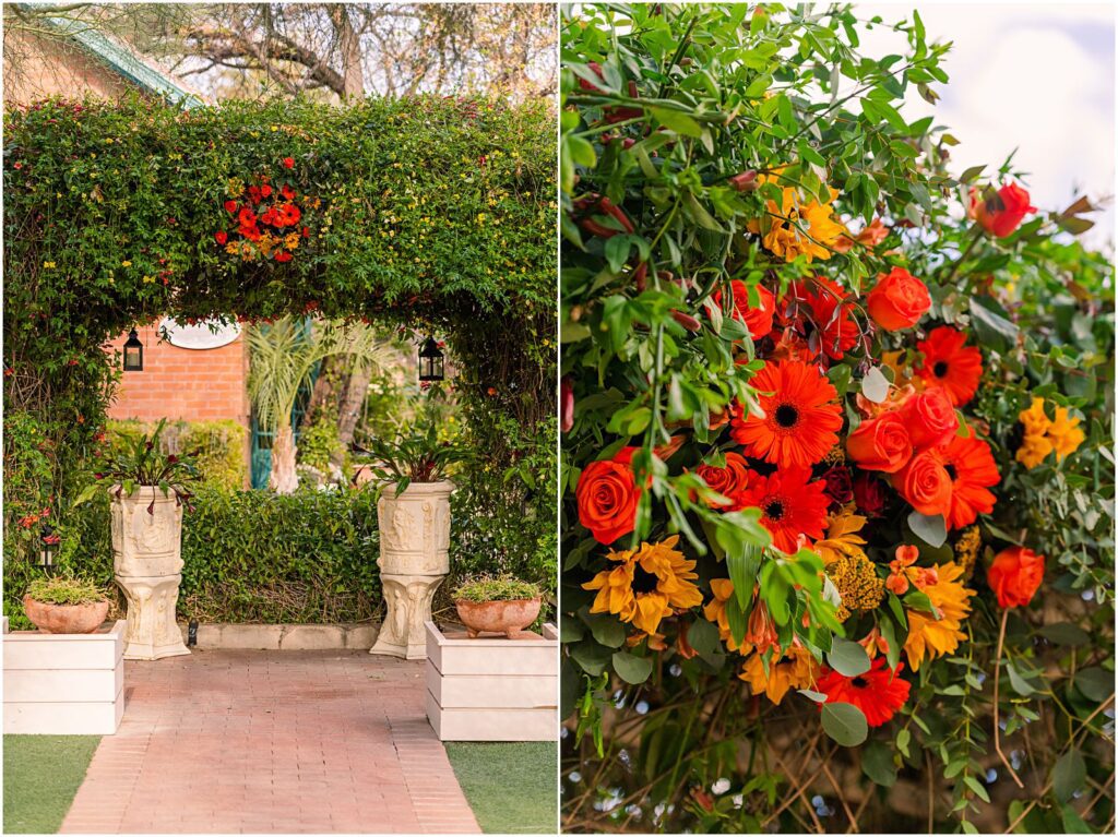 green archway in garden with flowers at Kingan Gardens wedding venue