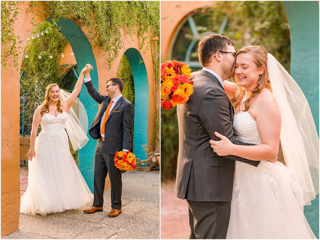 couple dancing and laughing together under colorful archway