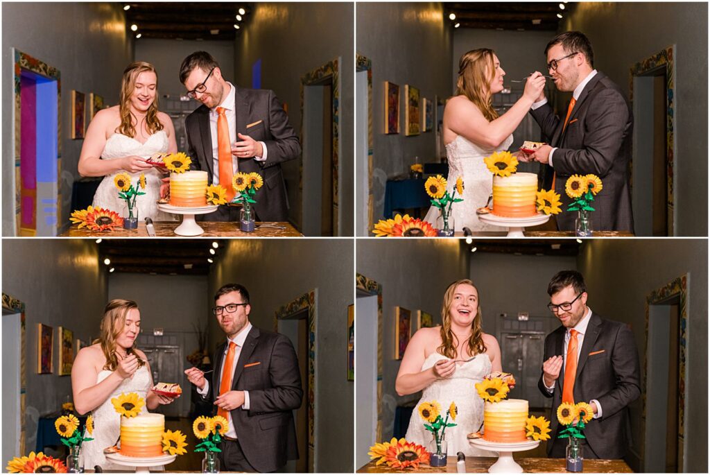 couple cutting wedding cake during reception at Café a la C'Art