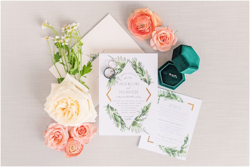 simple white and green wedding invitation suite