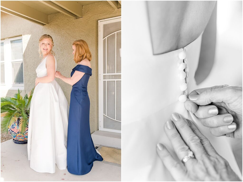 mom helping daughter into her wedding dress