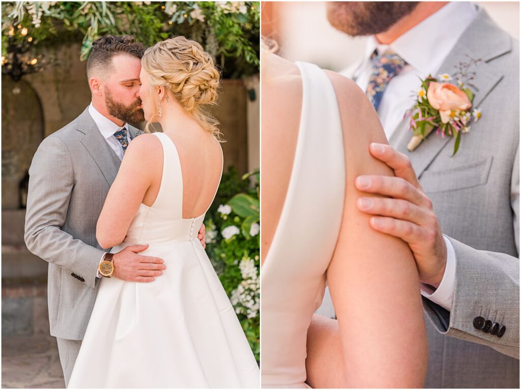 bride and groom kiss during First Look at spring wedding at Stillwell House