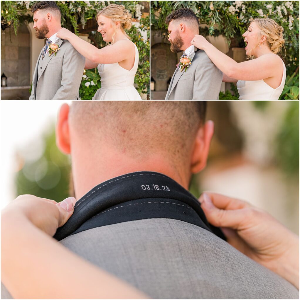 bride see's groom's hidden wedding day stitched into suit collar